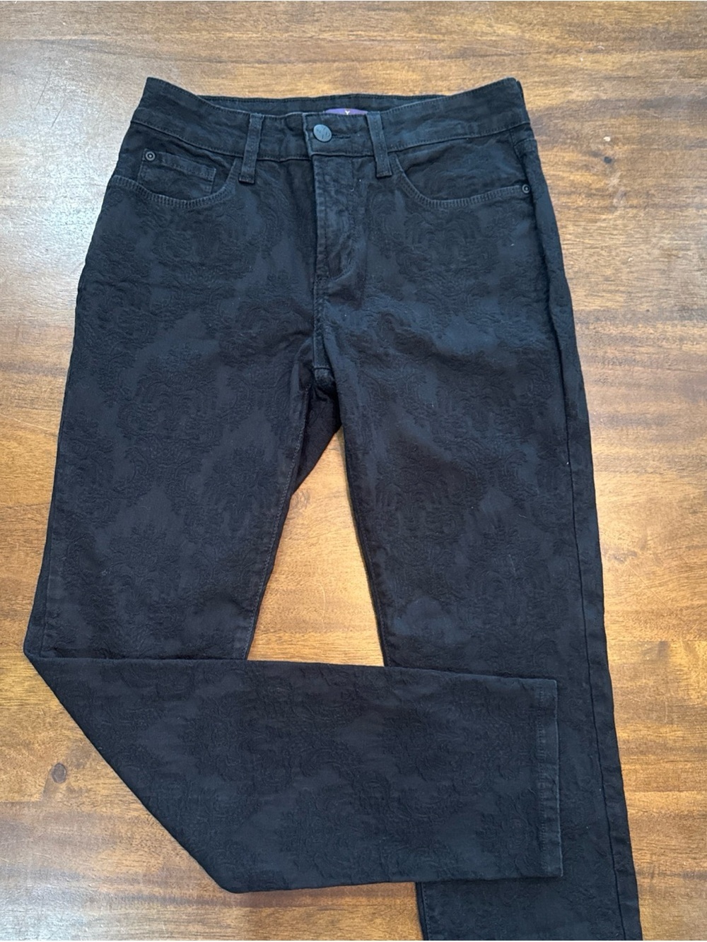 NYDJ Petite Black Floral Embossed Brocade Slim Leg Pants Size 4P